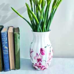 Pink Orchids Sweetheart Shaped Glass Vase, Floral Home Decor Gift, Hand Decorated - thumbnail 1