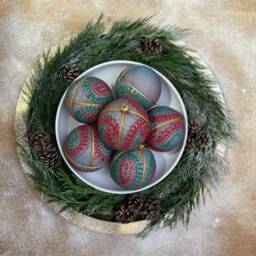 Limited Edition Purple-Grey Bauble With Pink + Green Paisley - Handmade Upcycled Fabric Christmas & Diwali Decor Unique Gift 8 cm - thumbnail 4