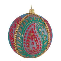 Limited Edition Purple-Grey Bauble With Pink + Green Paisley - Handmade Upcycled Fabric Christmas & Diwali Decor Unique Gift 8 cm - thumbnail 2