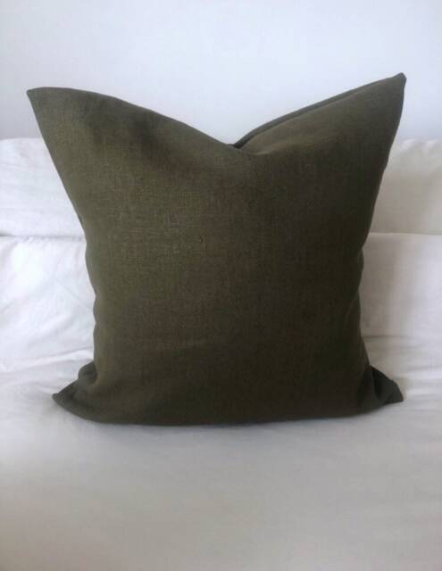 Olive Green French Linen Pillow Cover, Handmade Envelope Back Cushion - image 1