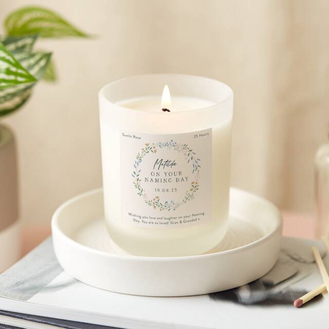 Personalised Naming Day Candle Floral Scented Frosted Glass - image 1