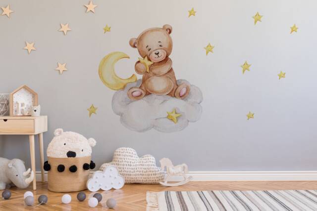 Sleeping Teddy Bear & Bunny Nursery Decal - Removable Kids Wall Art - Baby Room Decor, Soft Neutral Tones, Peel Stick Wallpaper - image 1