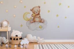 Sleeping Teddy Bear & Bunny Nursery Decal - Removable Kids Wall Art - Baby Room Decor, Soft Neutral Tones, Peel Stick Wallpaper - thumbnail 1