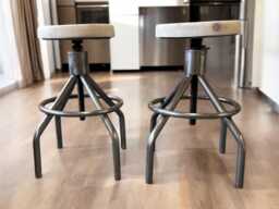 Pair Of Industrial Stool/Stools With Adjustable Wooden Seats Limewashed