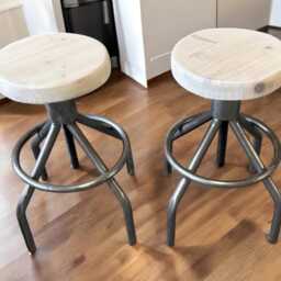 Pair Of Industrial Stool/Stools With Adjustable Wooden Seats Limewashed - thumbnail 2