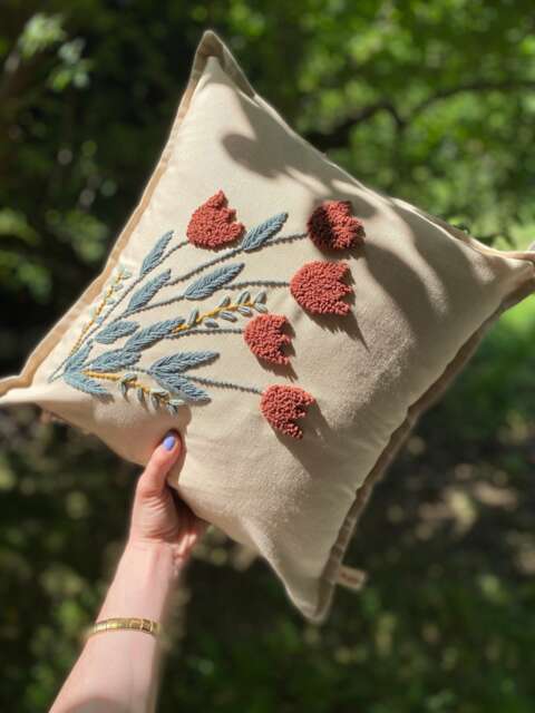 Handmade Tulip Punch Needle Pillow Cover Linen Tufted Cushion - 40cm - image 1