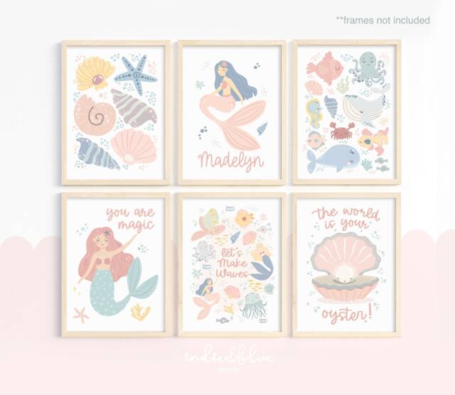 Set Of 6 Personalised Mermaids Print in Pastel, Under The Ocean Prints, Nursery Print, Sea Decor - image 1