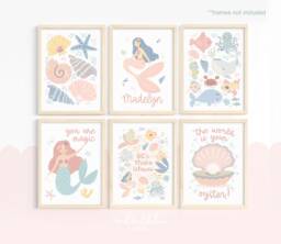 Set Of 6 Personalised Mermaids Print in Pastel, Under The Ocean Prints, Nursery Print, Sea Decor - thumbnail 1