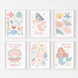 Set Of 6 Personalised Mermaids Print in Pastel, Under The Ocean Prints, Nursery Print, Sea Decor - thumbnail 2