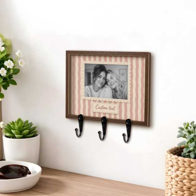 Personalized Pink Striped Wooden Photo Key Holder - image 1