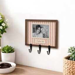 Personalized Pink Striped Wooden Photo Key Holder