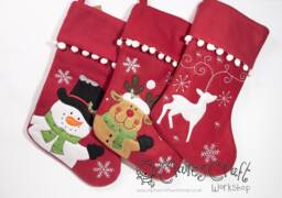 Personalised Christmas Stocking in Red With White Pompoms - Snowman, Cute Reindeer, Stylised Reindeer - thumbnail 1