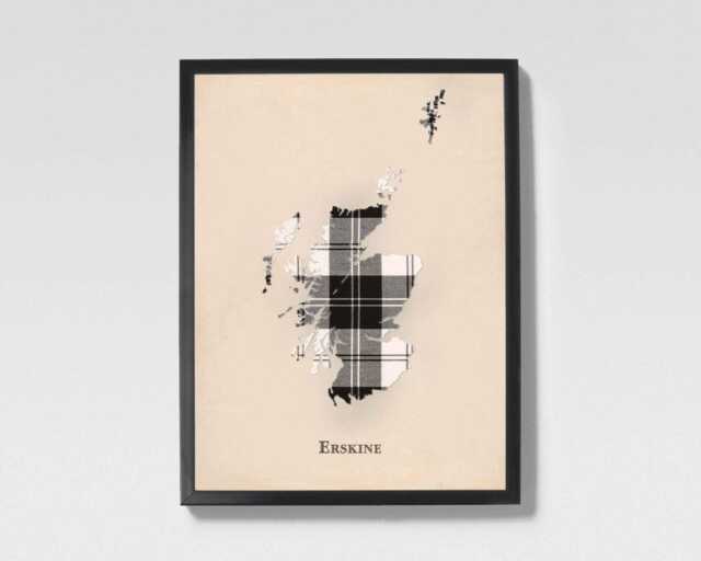 Clan Erskine Black & White Scottish Tartan Map - Of Scotland Family Wall Decor, Box Canvas From - image 1