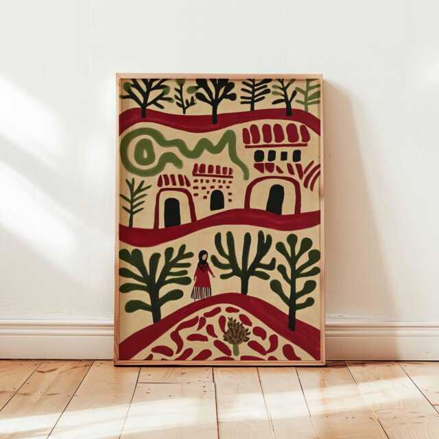Palestine Poster, Middle East Palestinian Folk Art Print, Olive Tree Wall Art, Rural Village Decor, Cultural Posters & Prints - image 1
