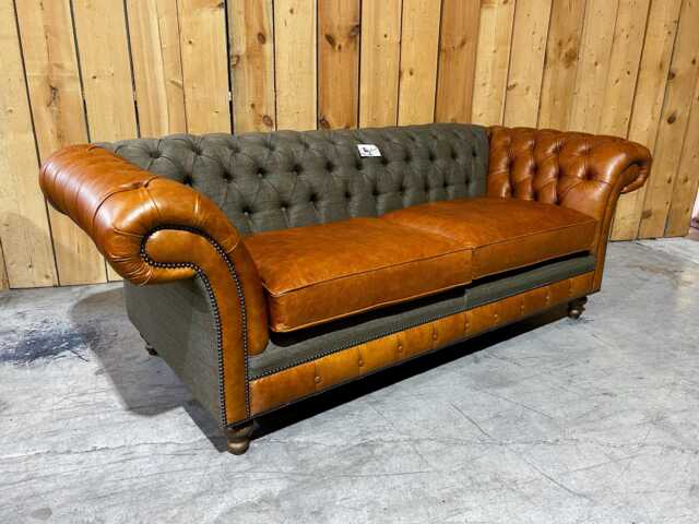 3 Seater Sage Green Tweed Fabric Chesterfield Sofa With Bruciato Tan Leather Arms, British Handmade - image 1