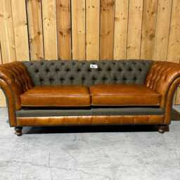 3 Seater Sage Green Tweed Fabric Chesterfield Sofa With Bruciato Tan Leather Arms, British Handmade - thumbnail 2