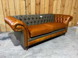 3 Seater Sage Green Tweed Fabric Chesterfield Sofa With Bruciato Tan Leather Arms, British Handmade