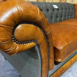 3 Seater Sage Green Tweed Fabric Chesterfield Sofa With Bruciato Tan Leather Arms, British Handmade - thumbnail 3