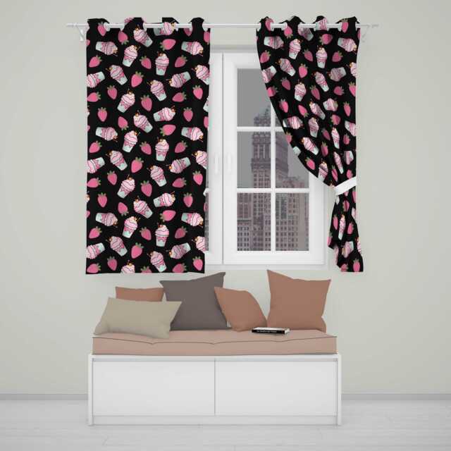 Cute Strawberry Cupcakes With Pink Frosting Black Background Seamless Pattern Readymade Eyelet Ring Top Thermal 100% Blackout Curtains - image 1