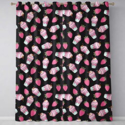 Cute Strawberry Cupcakes With Pink Frosting Black Background Seamless Pattern Readymade Eyelet Ring Top Thermal 100% Blackout Curtains - thumbnail 2