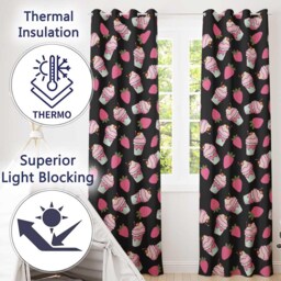 Cute Strawberry Cupcakes With Pink Frosting Black Background Seamless Pattern Readymade Eyelet Ring Top Thermal 100% Blackout Curtains - thumbnail 3