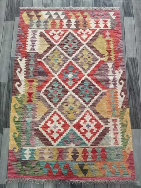 Handmade Afghan Kilim Rug, Geometric Tribal Design, Multicolour Artisan Persian Turkish Flatweave, Natural Wool, 152x100 cm - image 1