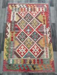 Handmade Afghan Kilim Rug, Geometric Tribal Design, Multicolour Artisan Persian Turkish Flatweave, Natural Wool, 152x100 cm - thumbnail 1