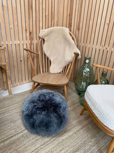 Navy(With Light Tip Genuine Sheepskin Poufee, Home Living, Sheepskin, Navy, Footstool, Navy Footstool - image 1