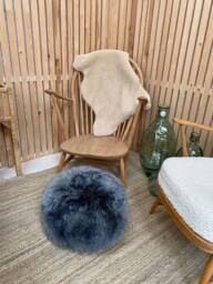 Navy(With Light Tip Genuine Sheepskin Poufee, Home Living, Sheepskin, Navy, Footstool, Navy Footstool