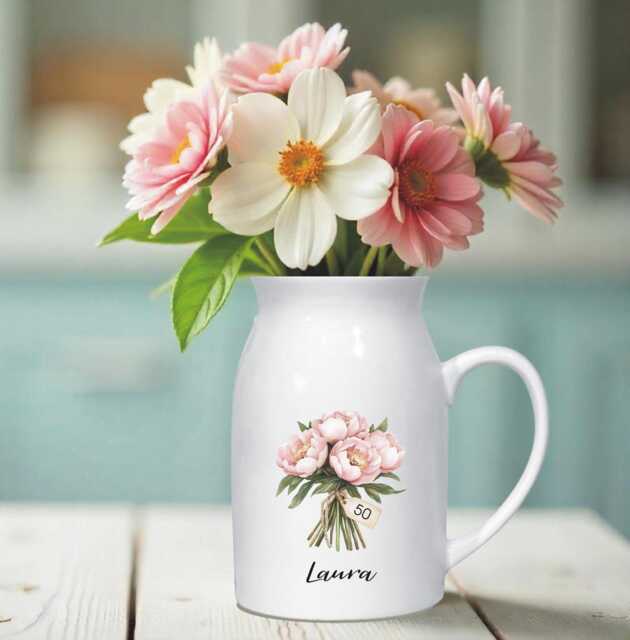 Personalised Birth Flower Jug Vase For A 50Th Milestone Birthday - Unique Custom Gift For A Sister, Friend, Mum Or Auntie - image 1