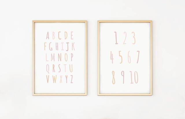 Neutral Alphabet Numbers Prints, Set Of 2, Nursery Baby Girl, Educational Abc, Girls Bedroom, Gift, Wall Art, A3 - image 1