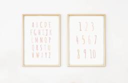 Neutral Alphabet Numbers Prints, Set Of 2, Nursery Baby Girl, Educational Abc, Girls Bedroom, Gift, Wall Art, A3 - thumbnail 1