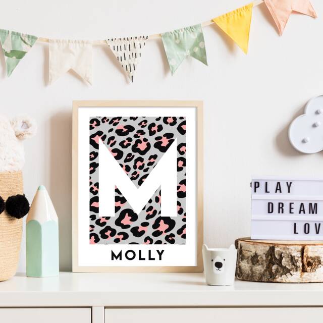 Name & Initial Print - Personalised Grey Pink Leopard Print, Custom Kids Bedroom Decor, Nursery Wall Art, Playroom Girl's Room 627 - image 1