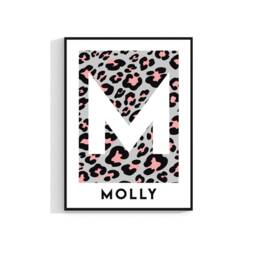 Name & Initial Print - Personalised Grey Pink Leopard Print, Custom Kids Bedroom Decor, Nursery Wall Art, Playroom Girl's Room 627 - thumbnail 2