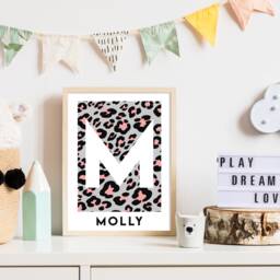 Name & Initial Print - Personalised Grey Pink Leopard Print, Custom Kids Bedroom Decor, Nursery Wall Art, Playroom Girl's Room 627 - thumbnail 1