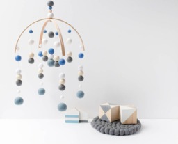 Blue & Grey Baby Mobile - Boy Felt Pom Crib Boys Minimalist Nursery Cot Wooden Arch Ceiling Decor