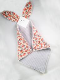 Crinkle Ears Bunny Lovey - Rifle Paper Co's Peach Rosa Floral with Grey Chenille