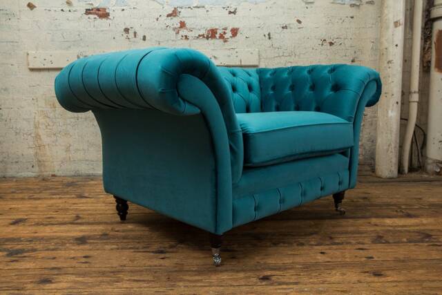 British Handmade Teal Blue Velvet Chesterfield Snuggle Armchair - image 1