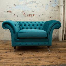 British Handmade Teal Blue Velvet Chesterfield Snuggle Armchair - thumbnail 2