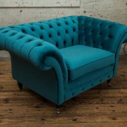 British Handmade Teal Blue Velvet Chesterfield Snuggle Armchair - thumbnail 3