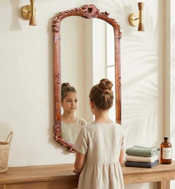 Reclaimed Teak Wood Mirror Frame, Carved Wooden For Living Room Decor - image 1