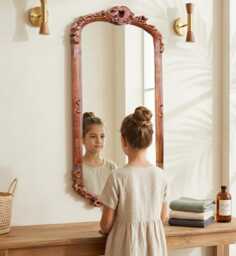 Reclaimed Teak Wood Mirror Frame, Carved Wooden For Living Room Decor - thumbnail 1