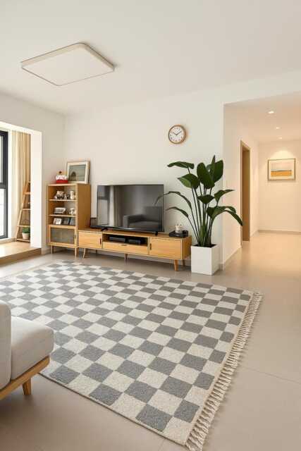 Handmade Checkered Berber Rug, White & Gray Sheep Wool Carpet - image 1