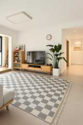Handmade Checkered Berber Rug, White & Gray Sheep Wool Carpet - thumbnail 1
