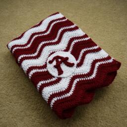 Crochet Crimson & White Ripple Baby Blanket With A Applique