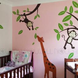 Monkeys Hanging On Tree With Giraffe Wall Decal Kids Nursery Decals Sticker Decor - thumbnail 2