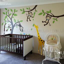 Monkeys Hanging On Tree With Giraffe Wall Decal Kids Nursery Decals Sticker Decor - thumbnail 3