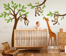 Monkeys Hanging On Tree With Giraffe Wall Decal Kids Nursery Decals Sticker Decor