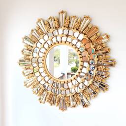 Peruvian Gold Royal Sunburst Mirror 78 cm Handmade Wall Decor - Carved Wood Round Luxury Statement For Living Room Bathroom - thumbnail 2