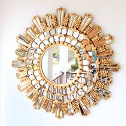 Peruvian Gold Royal Sunburst Mirror 78 cm Handmade Wall Decor - Carved Wood Round Luxury Statement For Living Room Bathroom
